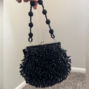 MONI COUTURE NWT Black Beaded Evening Clutch with long strap
